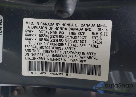 2014 Honda Cr-V Ex-L from USA, damaged, VIN 2HKRM4H71EH647716
